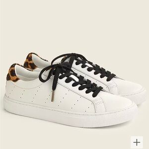 J Crew Classic Leather Sneakers with Leopard Tag